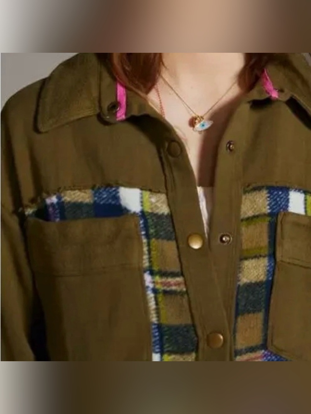 Anthropologie PILCRO Olive plaid snap up shacket size L - Picture 5 of 10